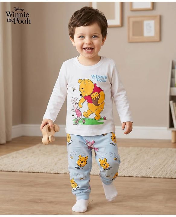 Babyhug Disney Single Jersey  Knit Full Sleeves T-Shirt & Pyjama Night Suit Set with Winnie the Pooh Graphic - Multicolour