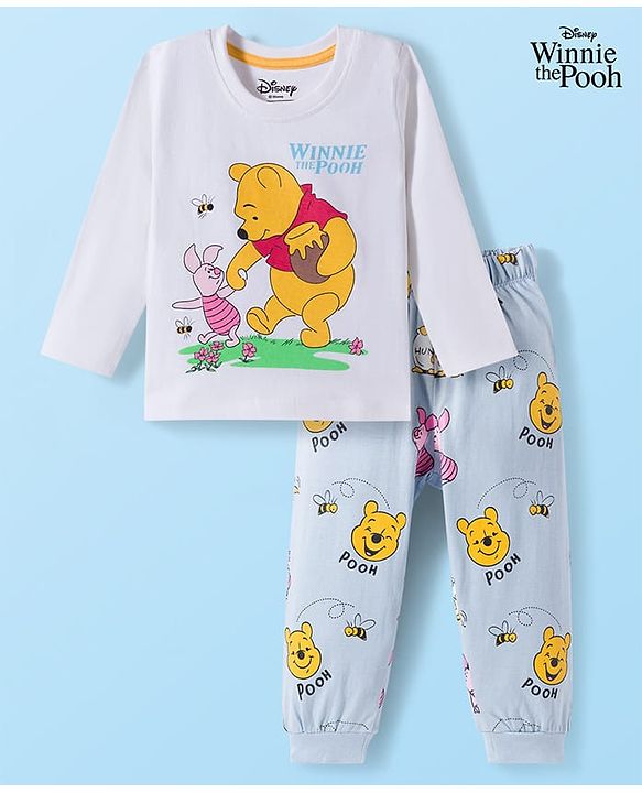 Babyhug Disney Single Jersey  Knit Full Sleeves T-Shirt & Pyjama Night Suit Set with Winnie the Pooh Graphic - Multicolour