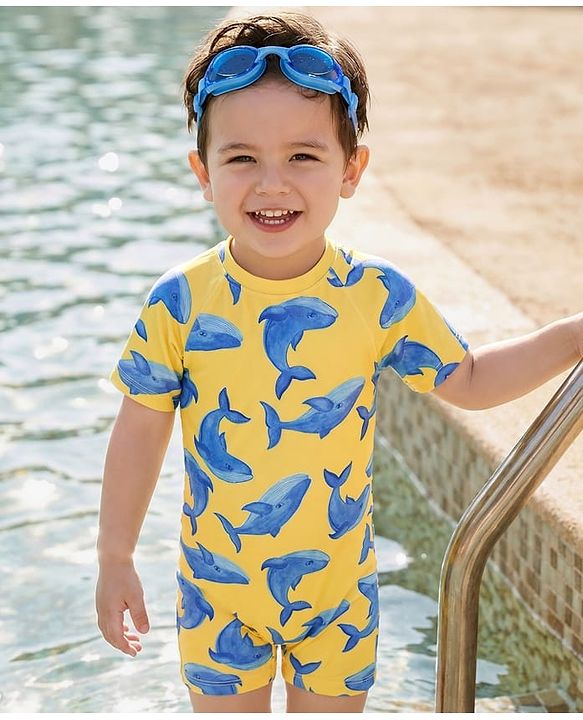 Babyhug Water Repellent Half Raglan Sleeves Legged Swimsuit With Whale Print - Yellow