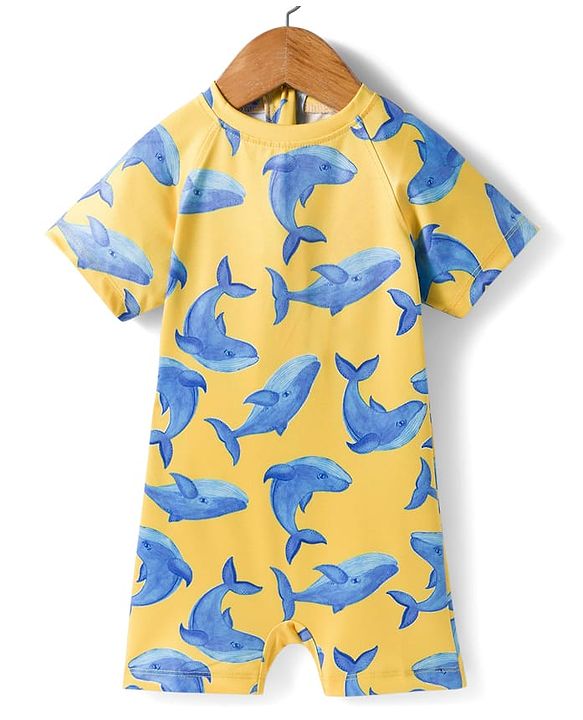 Babyhug Water Repellent Half Raglan Sleeves Legged Swimsuit With Whale Print - Yellow