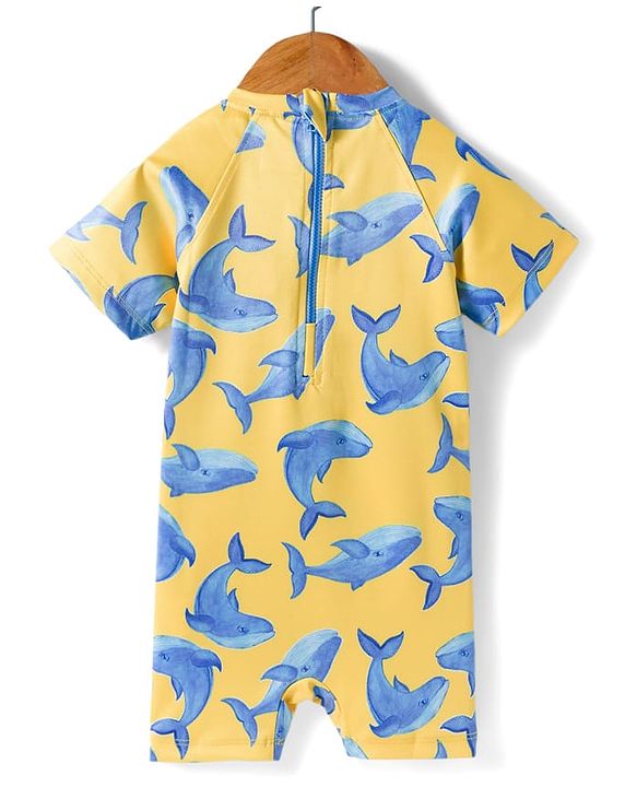 Babyhug Water Repellent Half Raglan Sleeves Legged Swimsuit With Whale Print - Yellow