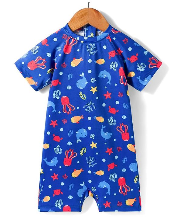 Babyhug Half Raglan Sleeves Legged Swimsuit With Sea Animal Print - Blue
