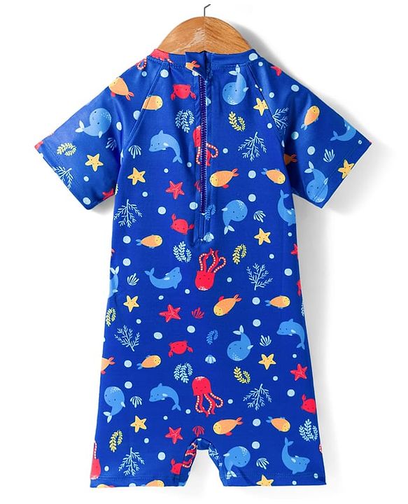 Babyhug Half Raglan Sleeves Legged Swimsuit With Sea Animal Print - Blue