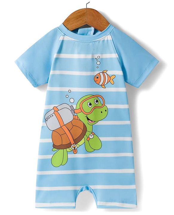Babyhug Water Repellent Half Raglan Sleeves Legged Swimsuit With Turtle & Fish Print - Light Blue