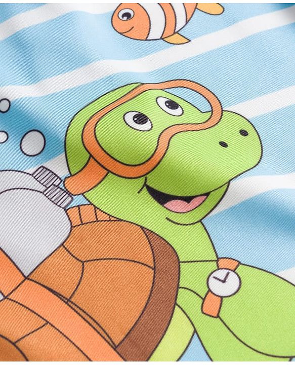 Babyhug Water Repellent Half Raglan Sleeves Legged Swimsuit With Turtle & Fish Print - Light Blue