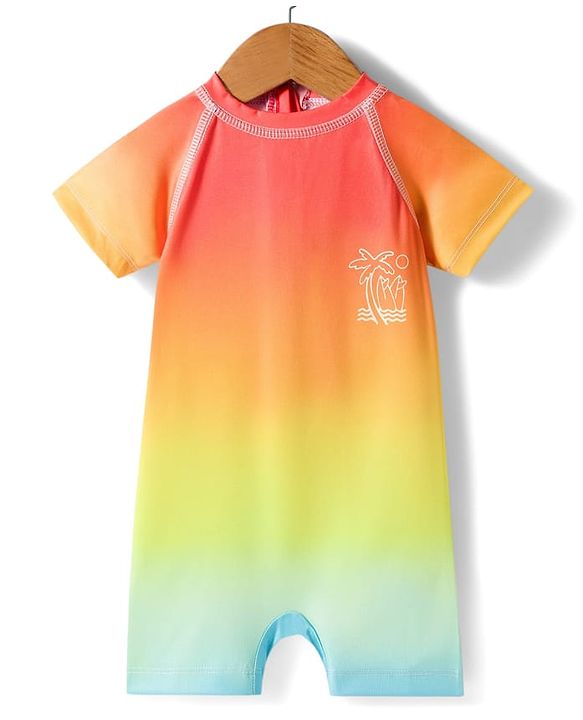 Babyhug Water Repellent Half Raglan Sleeves Legged Swimsuit With Tree Print - Multicolor