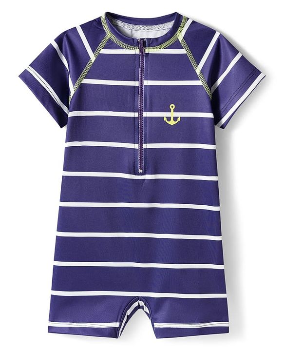 Babyhug Water Repellent Half Raglan Sleeves Legged Swimsuit With Anchor Print - Navy Blue