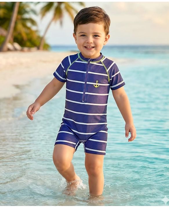 Babyhug Water Repellent Half Raglan Sleeves Legged Swimsuit With Anchor Print - Navy Blue