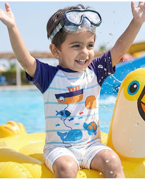 Babyhug Water Repellent Half Raglan Sleeves Legged Swimsuit With Sea Animals Print - White