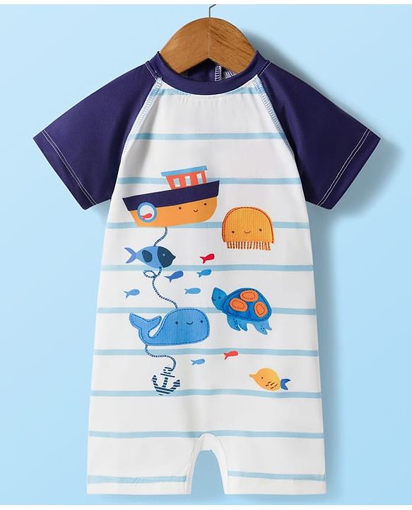 Babyhug Water Repellent Half Raglan Sleeves Legged Swimsuit With Sea Animals Print - White