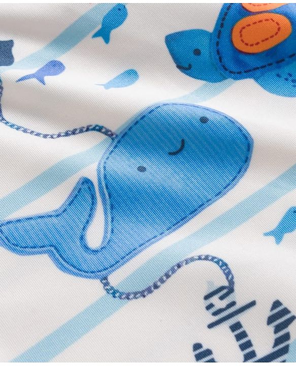 Babyhug Water Repellent Half Raglan Sleeves Legged Swimsuit With Sea Animals Print - White