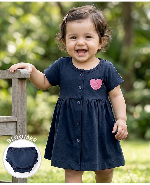 Babyhug Interlock Knit Half Sleeves Frock With Heart Print & Bloomer - Navy Blue