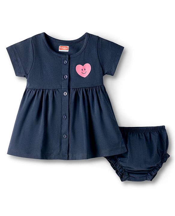 Babyhug Interlock Knit Half Sleeves Frock With Heart Print & Bloomer - Navy Blue