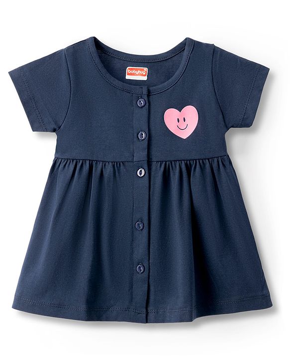 Babyhug Interlock Knit Half Sleeves Frock With Heart Print & Bloomer - Navy Blue