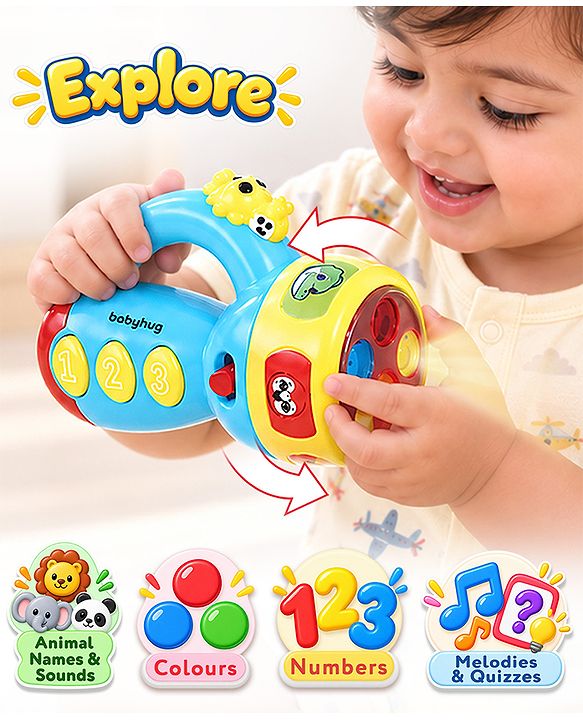 Babyhug Musical Learning Torch for Toddlers| Color-Changing Flashlight| Animal Sounds & Music| Numbers & Color Learning Toy| Interactive Toy| Gifting Option | Yellow
