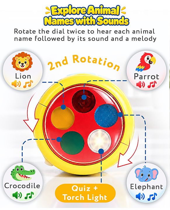 Babyhug Musical Learning Torch for Toddlers| Color-Changing Flashlight| Animal Sounds & Music| Numbers & Color Learning Toy| Interactive Toy| Gifting Option | Yellow