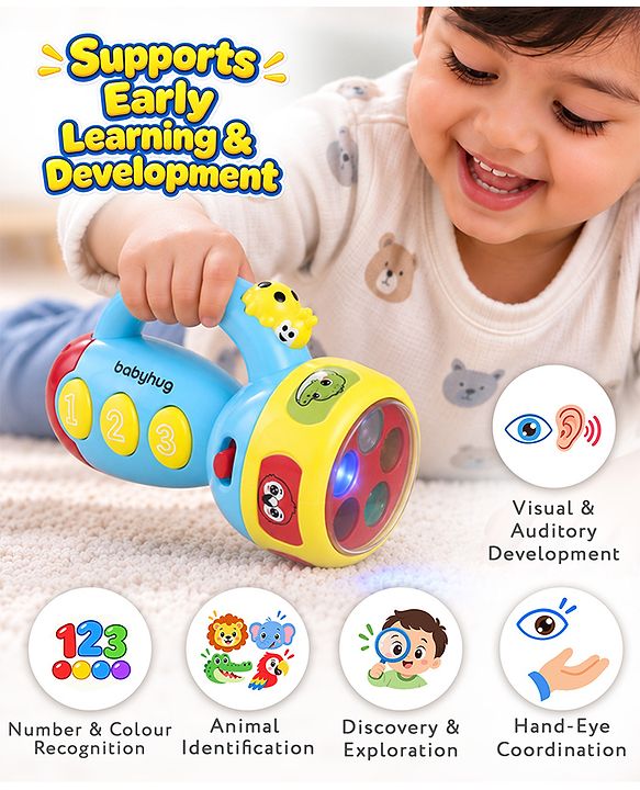 Babyhug Musical Learning Torch for Toddlers| Color-Changing Flashlight| Animal Sounds & Music| Numbers & Color Learning Toy| Interactive Toy| Gifting Option | Yellow