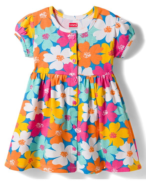 Babyhug Interlock Knit Half Sleeves Floral Printed Frock with Bloomer - Pink