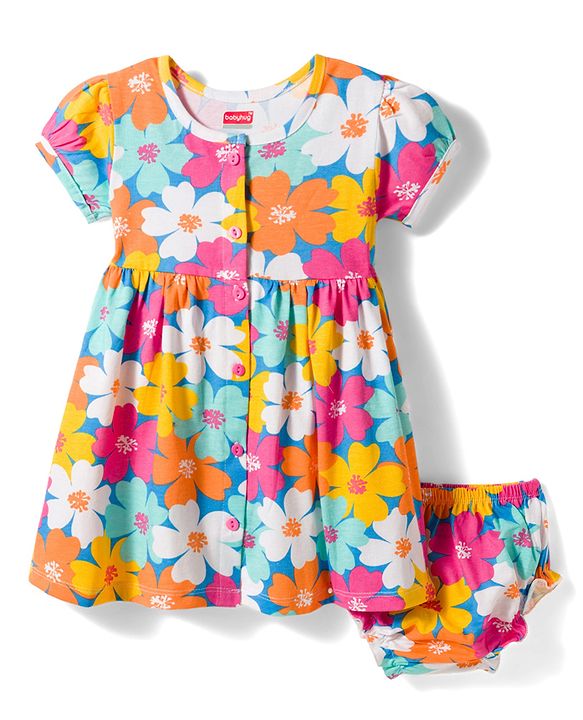 Babyhug Interlock Knit Half Sleeves Floral Printed Frock with Bloomer - Pink