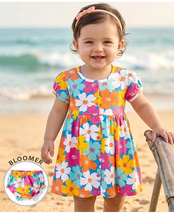Babyhug Interlock Knit Half Sleeves Floral Printed Frock with Bloomer - Pink