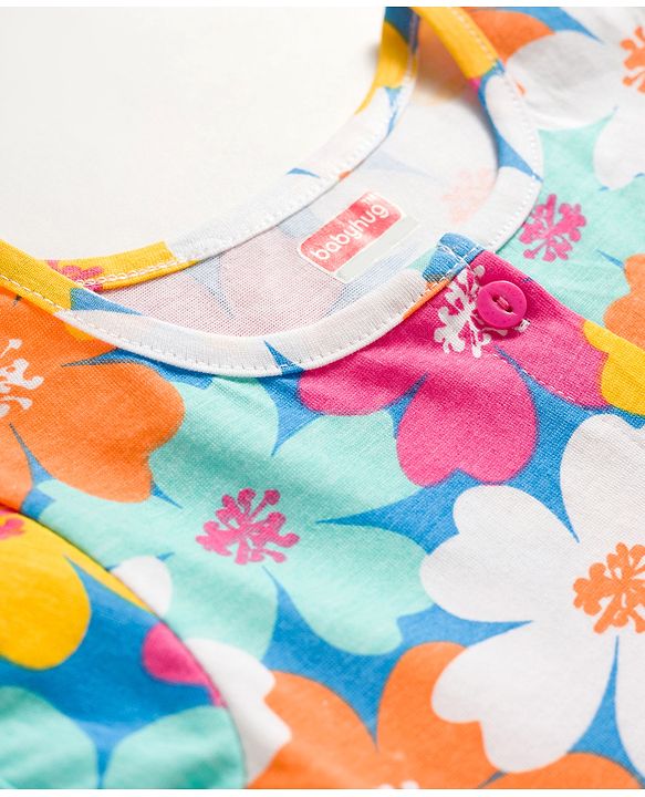 Babyhug Interlock Knit Half Sleeves Floral Printed Frock with Bloomer - Pink