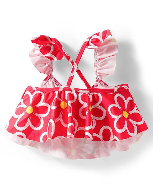Babyhug Water Repellant Sleeveless Two Piece Swimsuit With Floral Print - Red