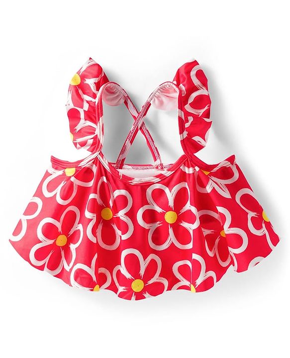 Babyhug Water Repellant Sleeveless Two Piece Swimsuit With Floral Print - Red