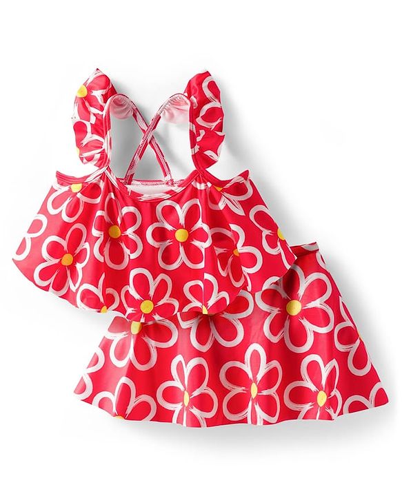 Babyhug Water Repellant Sleeveless Two Piece Swimsuit With Floral Print - Red