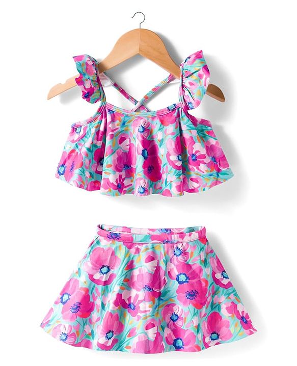 Babyhug Sleeveless Water Repellant Two Piece Swimsuit with Frill Detailing & Floral Print - Pink & Light Blue