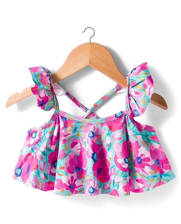 Babyhug Sleeveless Water Repellant Two Piece Swimsuit with Frill Detailing & Floral Print - Pink & Light Blue