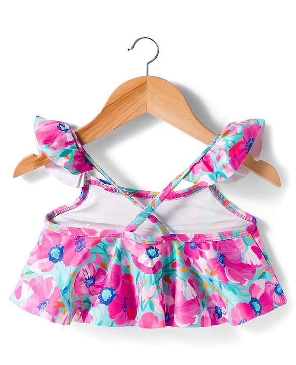 Babyhug Sleeveless Water Repellant Two Piece Swimsuit with Frill Detailing & Floral Print - Pink & Light Blue