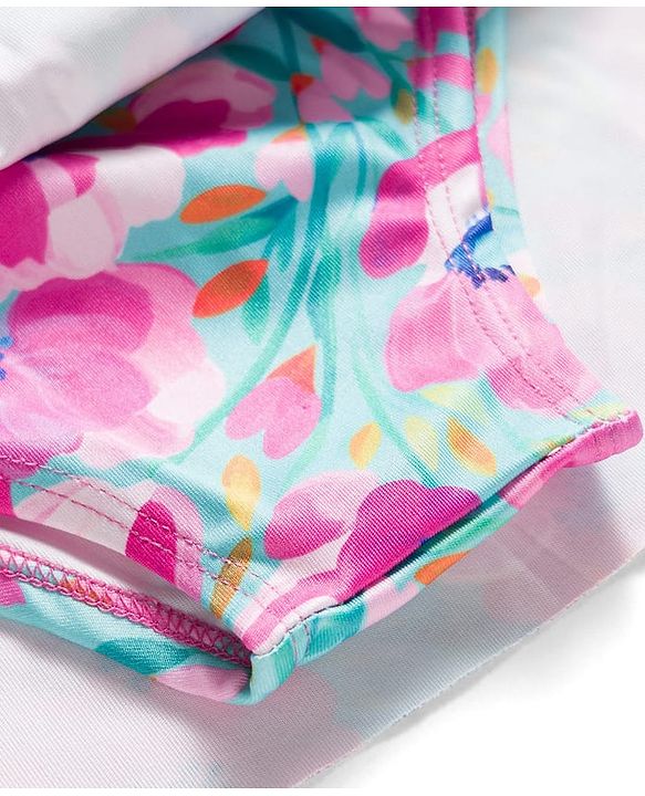 Babyhug Sleeveless Water Repellant Two Piece Swimsuit with Frill Detailing & Floral Print - Pink & Light Blue