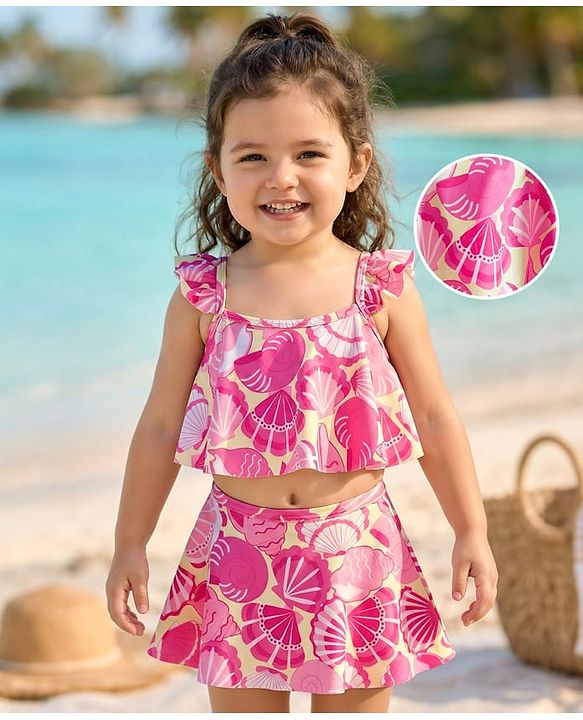 Babyhug Water Repellent Sleeveless Two Piece Swimsuit With Sea Animal Print - Pink