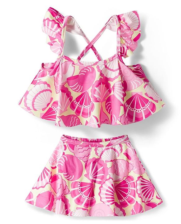 Babyhug Water Repellent Sleeveless Two Piece Swimsuit With Sea Animal Print - Pink