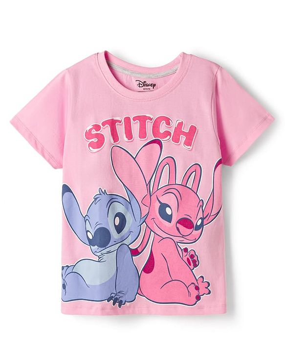 Pine Kids Disney Single Jersey Knit Half Sleeves T-Shirt & Shorts Night Suit With Lilo n Angel Graphics - Multicolor