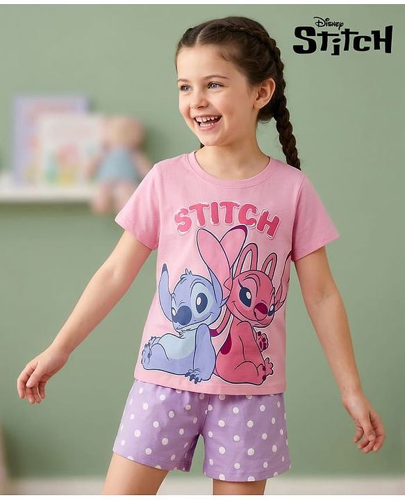Pine Kids Disney Single Jersey Knit Half Sleeves T-Shirt & Shorts Night Suit With Lilo n Angel Graphics - Multicolor