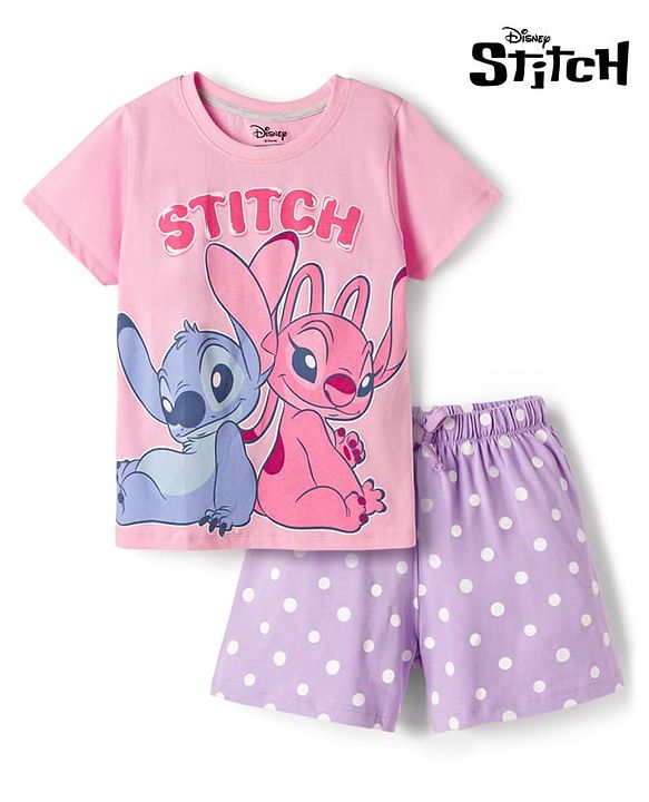 Pine Kids Disney Single Jersey Knit Half Sleeves T-Shirt & Shorts Night Suit With Lilo n Angel Graphics - Multicolor