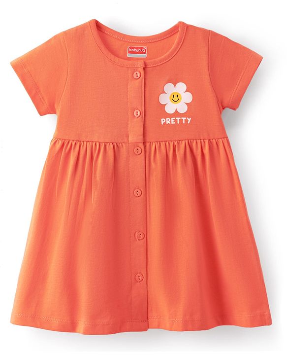 Babyhug Interlock Knit Half Sleeves Frock With Floral Print & Bloomer - Orange