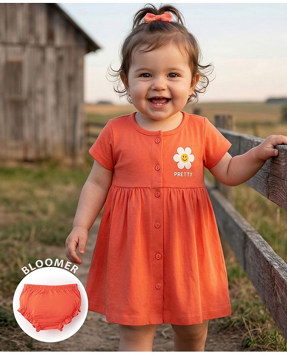 Babyhug Interlock Knit Half Sleeves Frock With Floral Print & Bloomer - Orange