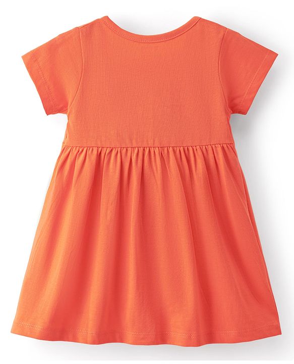 Babyhug Interlock Knit Half Sleeves Frock With Floral Print & Bloomer - Orange