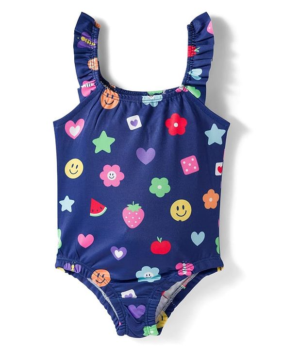 Babyhug Water Repellent Printed V Cut Swimsuit - Navy Blue