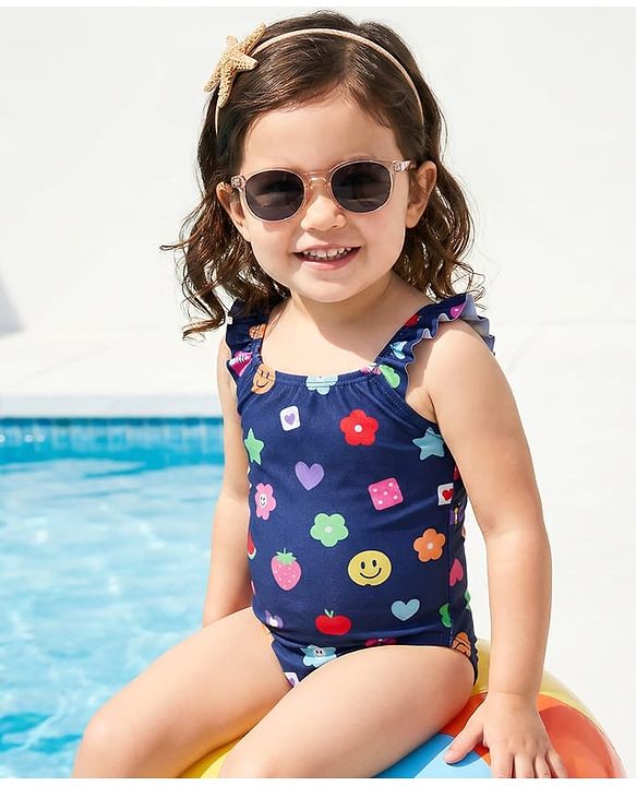 Babyhug Water Repellent Printed V Cut Swimsuit - Navy Blue