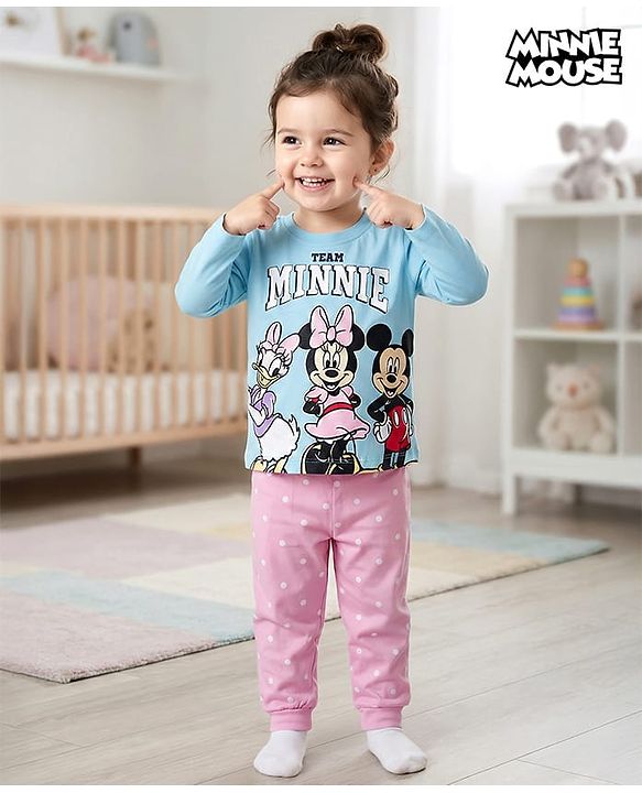 Babyhug Disney Single Jersey Knit Full Sleeves T-Shirt & Pyjama Night Suit With Minnie & Friends Graphics - Multicolor