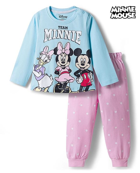 Babyhug Disney Single Jersey Knit Full Sleeves T-Shirt & Pyjama Night Suit With Minnie & Friends Graphics - Multicolor
