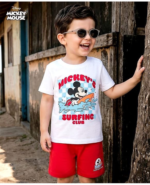 Babyhug Disney Single Jersey Knit Half Sleeves T-Shirt & Shorts Set With Mickey Mouse Graphics - Multicolor