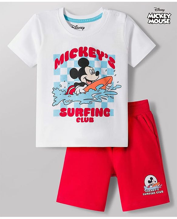 Babyhug Disney Single Jersey Knit Half Sleeves T-Shirt & Shorts Set With Mickey Mouse Graphics - Multicolor