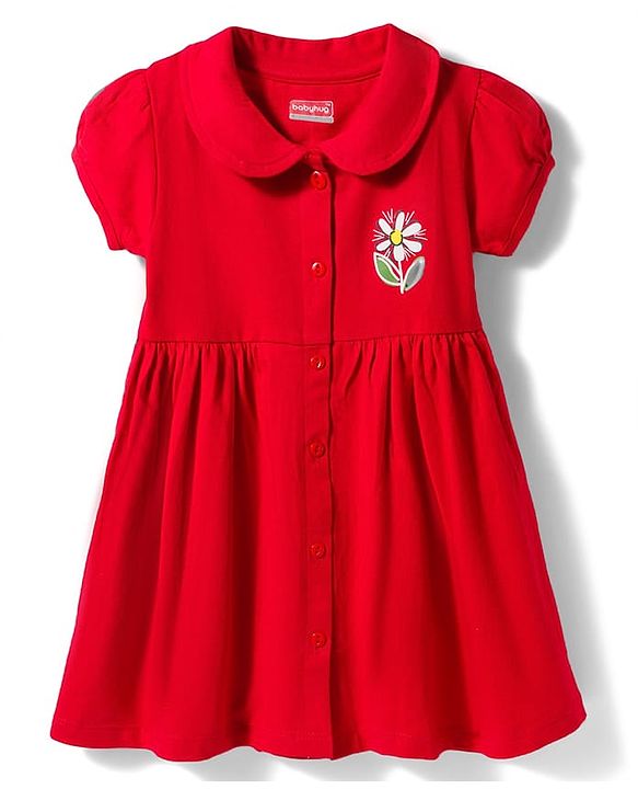 Babyhug Interlock Knit Half Sleeves Peter Pan Collared Frock with Bloomer & Floral Print - Red