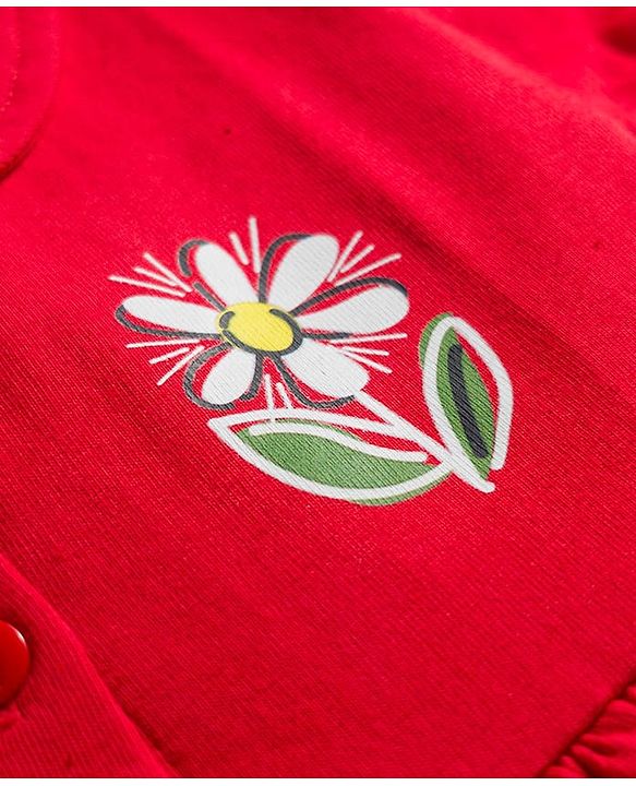 Babyhug Interlock Knit Half Sleeves Peter Pan Collared Frock with Bloomer & Floral Print - Red