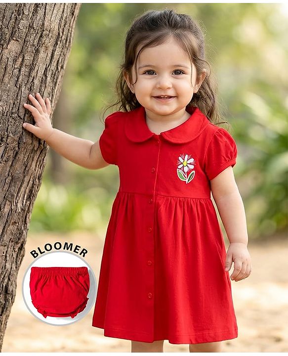 Babyhug Interlock Knit Half Sleeves Peter Pan Collared Frock with Bloomer & Floral Print - Red