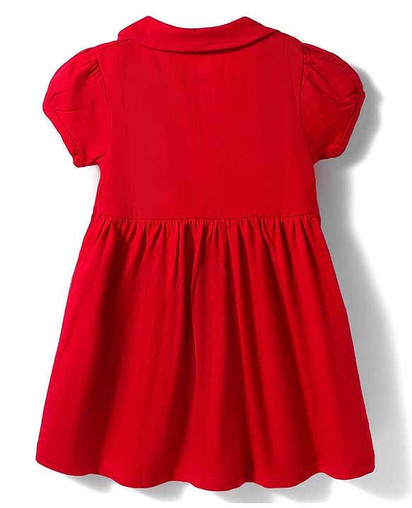 Babyhug Interlock Knit Half Sleeves Peter Pan Collared Frock with Bloomer & Floral Print - Red
